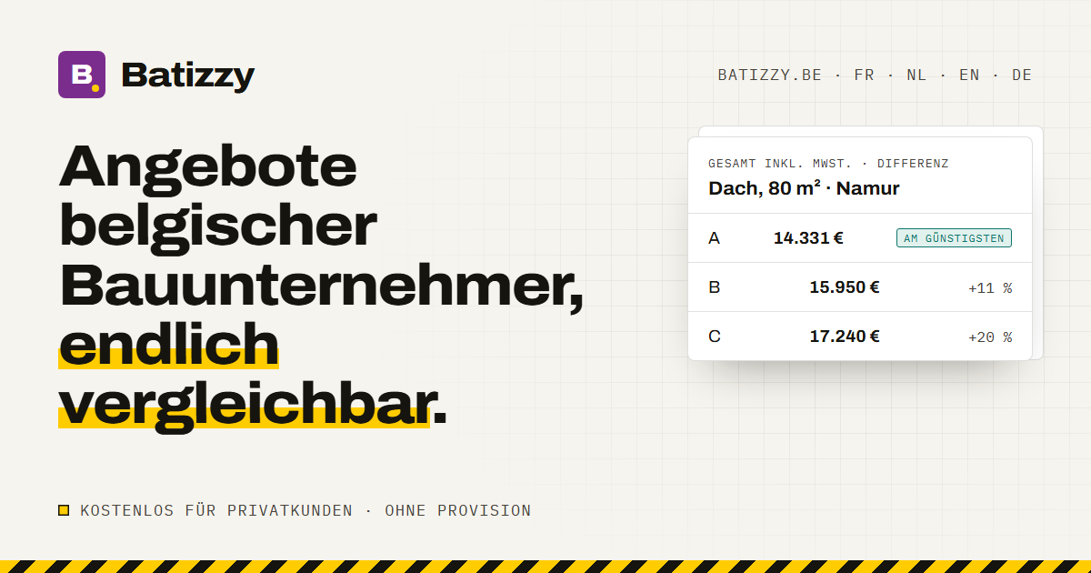 Vorschaubild von Batizzy auf Deutsch: "Angebote belgischer Bauunternehmer, endlich vergleichbar", mit einem Beispiel von drei Angeboten für ein Dach in Namur.