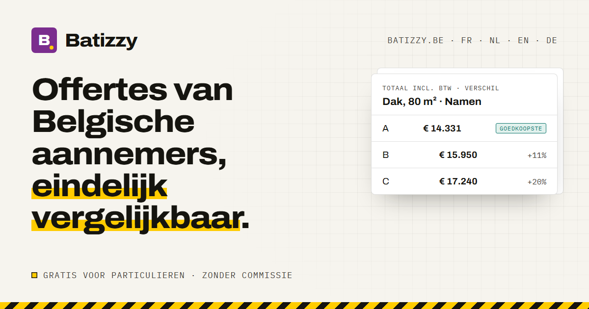 Deelafbeelding van Batizzy in het Nederlands: "Offertes van Belgische aannemers, eindelijk vergelijkbaar", met een voorbeeld van drie offertes voor een dak in Namen.